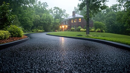 Freshly applied black sealcoat glistens on a newly restored asphalt driveway, with clean edges and subtle texture visible.