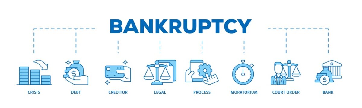 Bankruptcy icon infographic illustration concept with icon of bank ,court order, legal, moratorium, process, creditor, debt, crisis icon png and easy to edit 