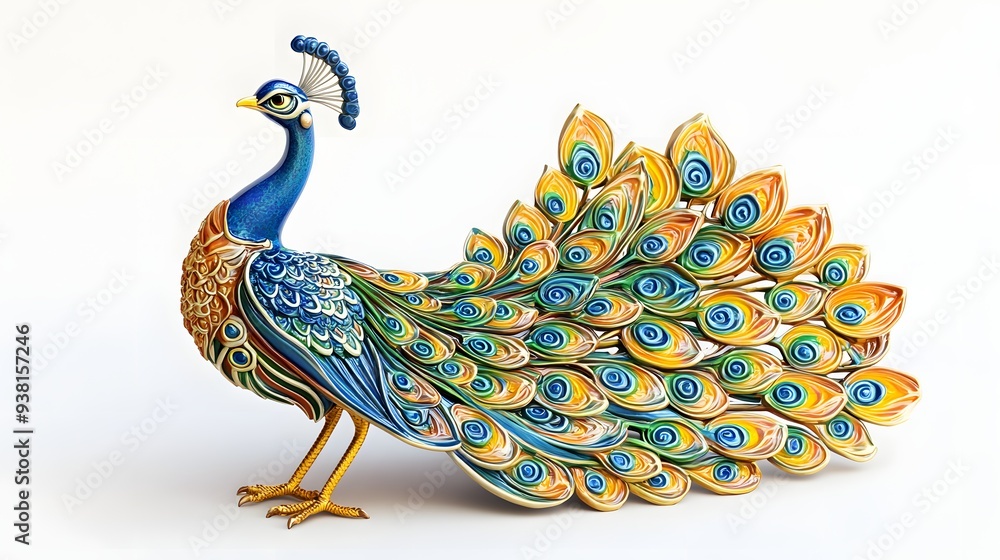 Poster 4. **a detailed 3d render of a ceramic tile art depicting a colorful peacock with elaborate feather 