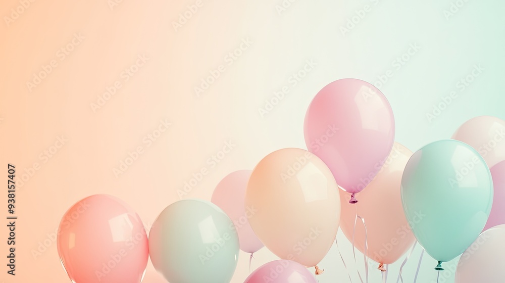 Poster a group of pastel balloons rising in the lower half of the frame, with a soft, gradient background a