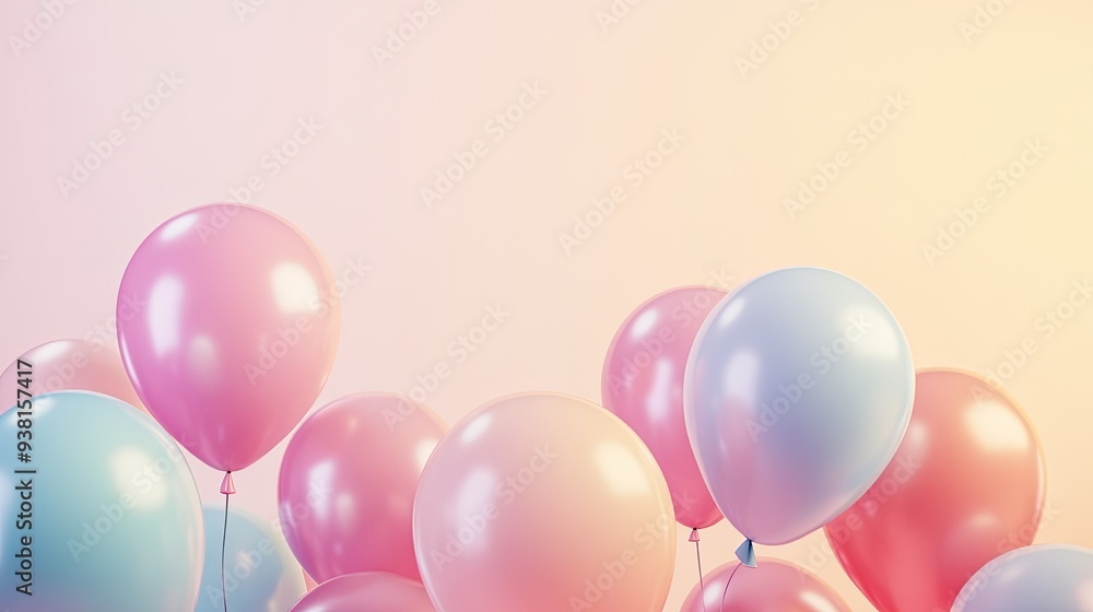 Poster a group of pastel balloons rising in the lower half of the frame, with a soft, gradient background a