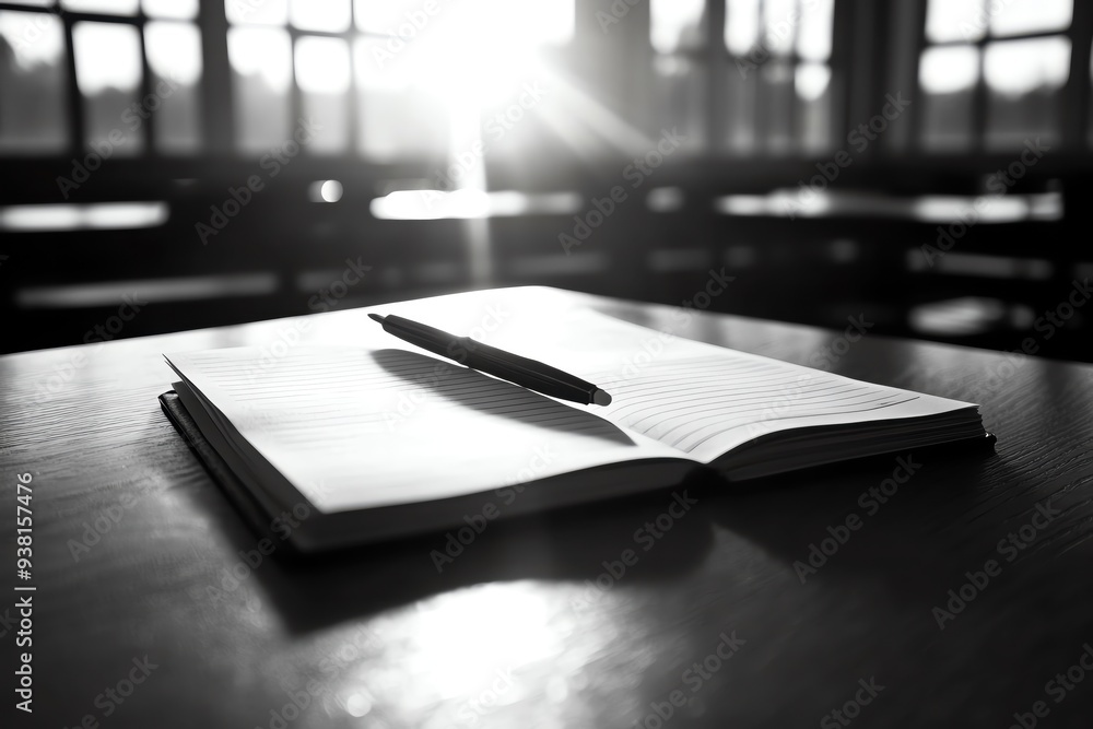 Poster a serene workspace featuring an open notebook and a pen, illuminated by sunlight streaming through a