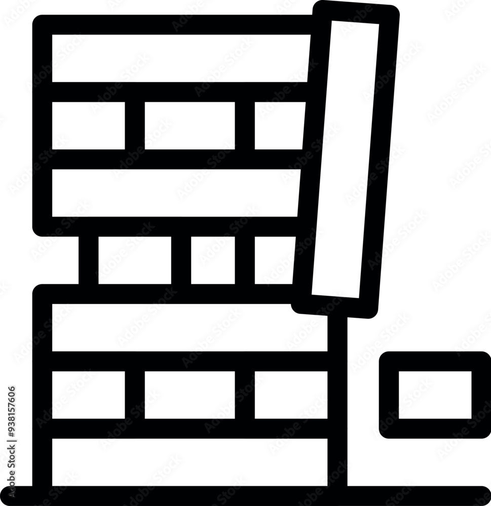 Poster line art icon of a wood block stacking game with one block missing causing the tower to fall