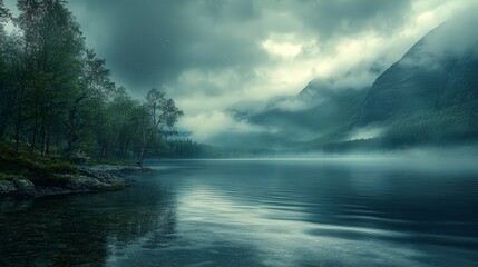 Fototapeta premium A tranquil mountain lake scene with fog rolling in, creating an ethereal atmosphere.