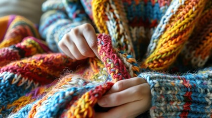 Closeup of Hands Holding Colorful Knitted Fabric