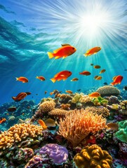 Beautiful underwater coral reef teeming with vibrant fish in the crystal-clear blue sea