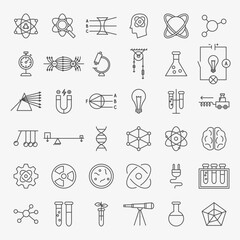 Physics Science Line Icons Set. Vector Thin Outline Chemistry and Biology Education Symbols.