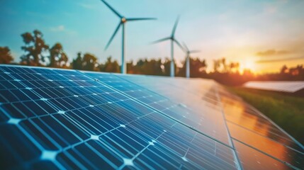 Close-up of solar panels with wind turbines in the background during sunset, representing renewable energy and sustainability.