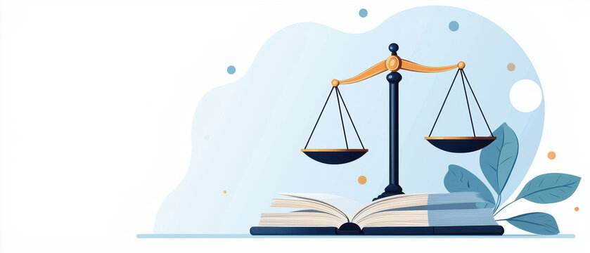 Equal weights on justice scales with a book, knowledge and fairness, flat design illustration