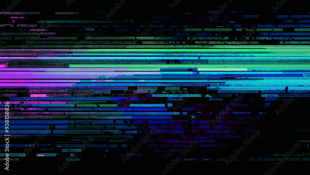 Wall mural vhs glitch, static lines of code, neon color scheme, dark background.