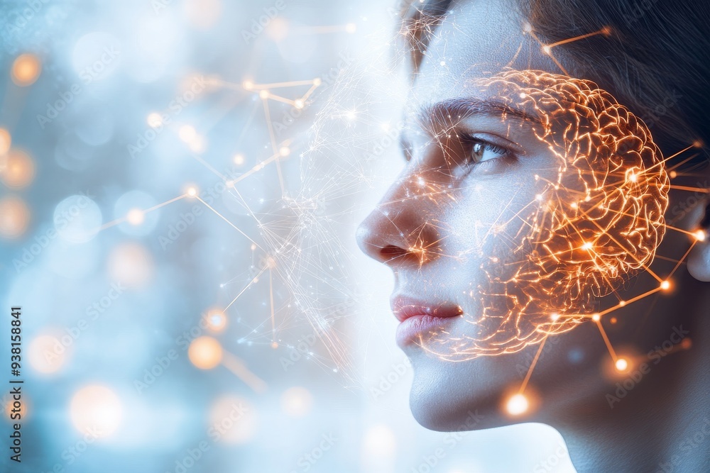 Poster womans profile with intricate orange neural networks overlaid on her brain symbolizing cognitive pro