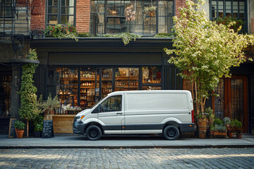 White delivery van parked on a city street in front of a bakery with a red facade, delivering fresh bread and pastries