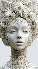 44. **A detailed 3D render of a ceramic art portrait featuring a graceful poetess with ornate textures and designs, isolated on a white background