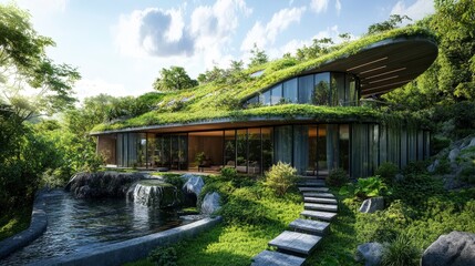 Fototapeta premium Modern eco-friendly villa with a green living roof integrated into a lush forest landscape featuring a stone path and a small pond.