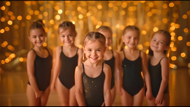 A group of young girls are standing in a line, all wearing black leotards