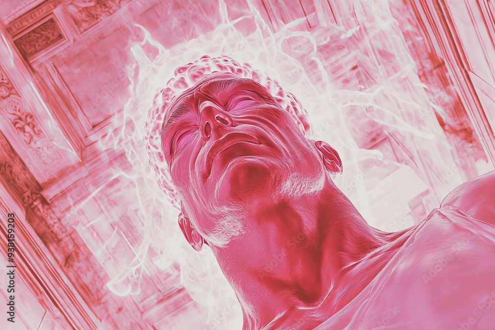 Poster abstract red and pink depiction of a muscular figure with a brain overlay symbolizing the physical a