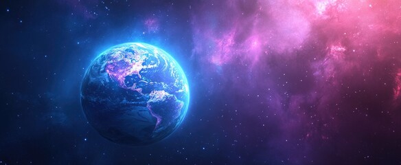 Obraz premium Futuristic Banner Illustrating Earth with Restored Ozone Layer Emitting a Soft Blue Glow