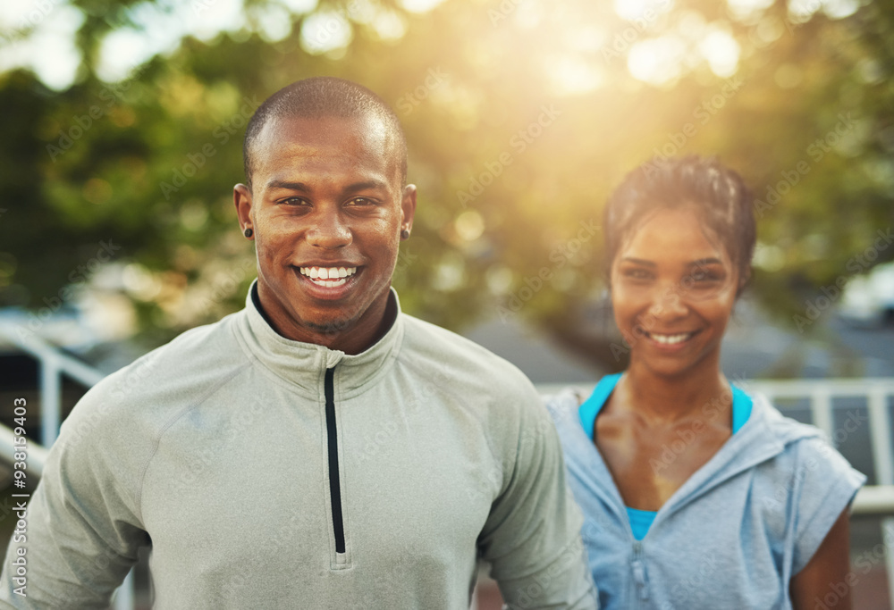 Sticker Outdoor, couple and smile for fitness on portrait on running break for workout, training and exercise. Relationship, people and happy with confidence for health, wellness and wellbeing in Atlanta