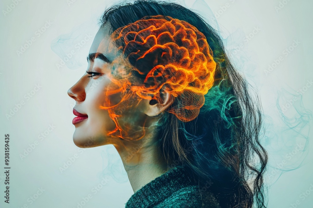 Aufkleber profile of a woman with a glowing brain pattern surrounded by an abstract digital background symboli