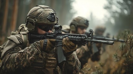 Fototapeta premium Soldier aiming with rifle in forest.