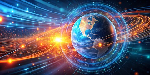 Obraz premium Global Network Convergence: Planet Earth encircled by vibrant streaks of light, symbolizing global communication and data flow.