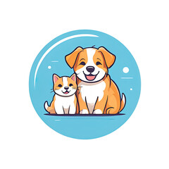 Fototapeta premium Cartoon dog and cat smiling in a blue circle.
