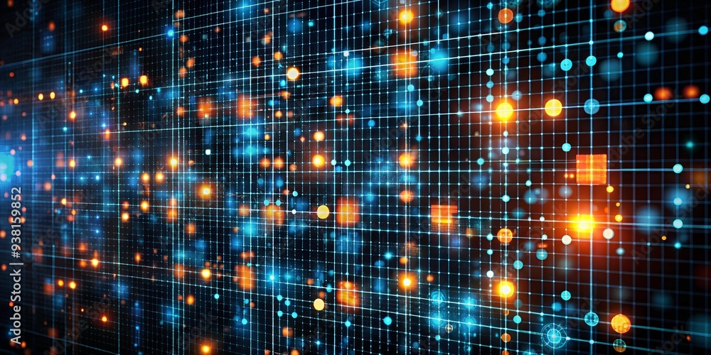 Poster digital grid: a futuristic and abstract representation of data flow and connectivity, with glowing b