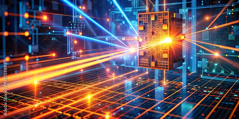 Poster quantum leap: a microchip radiates vibrant energy, symbolizing the power and potential of advanced c