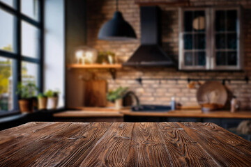 Obraz premium Cozy Kitchen Interior with a Wooden Tabletop, Perfect for Food Photography or Product Display