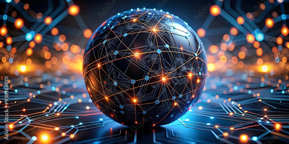 Poster global network: a glowing earth globe connected by a intricate web of digital lines, representing th