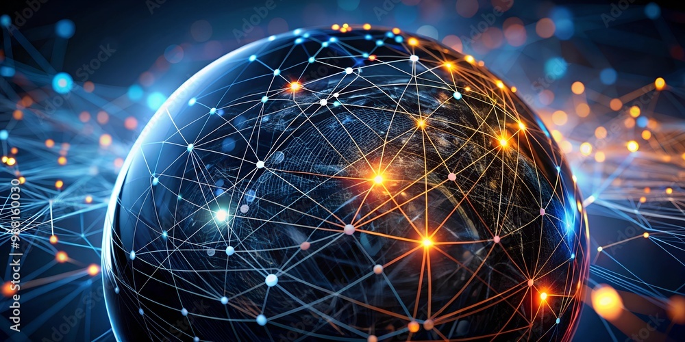 Poster global network: a glowing earth globe connected by a intricate web of digital lines, representing th