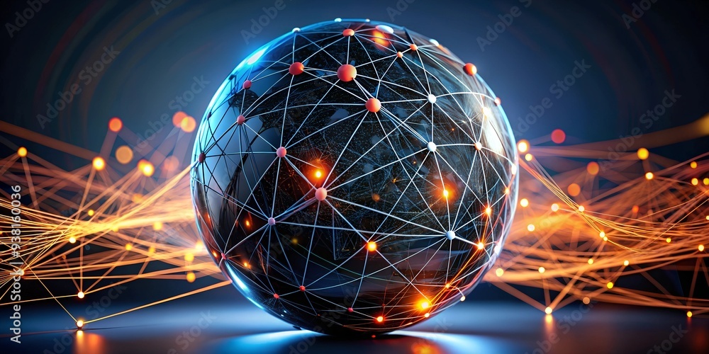 Poster global network: a glowing earth globe connected by a intricate web of digital lines, representing th