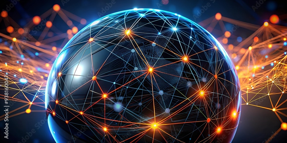 Poster global network: a glowing earth globe connected by a intricate web of digital lines, representing th