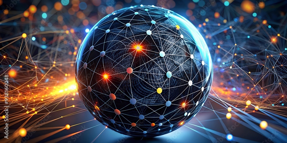 Poster global network: a glowing earth globe connected by a intricate web of digital lines, representing th