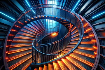 Fototapeta premium Spiral Staircase of Light: A mesmerizing spiral staircase bathed in a vibrant spectrum of orange and blue lights, creating a captivating visual journey. The sleek modern design and glowing illuminatio