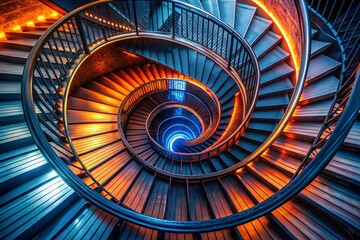 Fototapeta premium Spiral Staircase of Light: A mesmerizing spiral staircase bathed in a vibrant spectrum of orange and blue lights, creating a captivating visual journey. The sleek modern design and glowing illuminatio