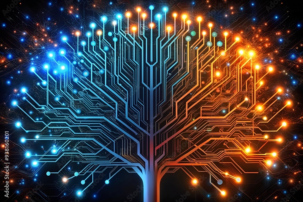 Poster the digital tree of knowledge: a glowing abstract tree, its branches composed of intricate circuit b