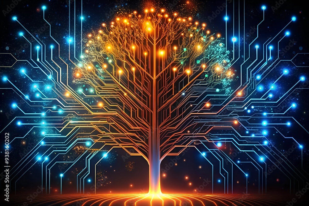 Poster the digital tree of knowledge: a glowing abstract tree, its branches composed of intricate circuit b