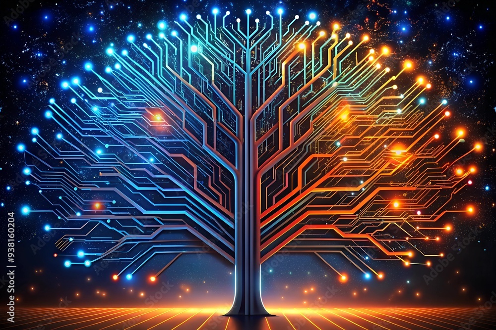 Poster the digital tree of knowledge: a glowing abstract tree, its branches composed of intricate circuit b