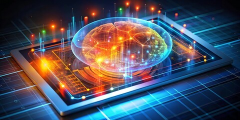 Global Brainpower: A futuristic digital illustration depicting a holographic brain within a transparent screen, symbolizing interconnectedness, technology, and the power of global knowledge.  