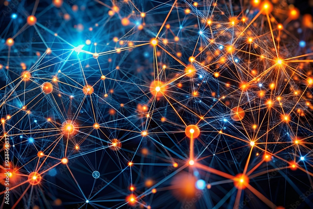 Poster cosmic network: a vibrant tapestry of interconnected nodes, pulsating with energy and data, symboliz