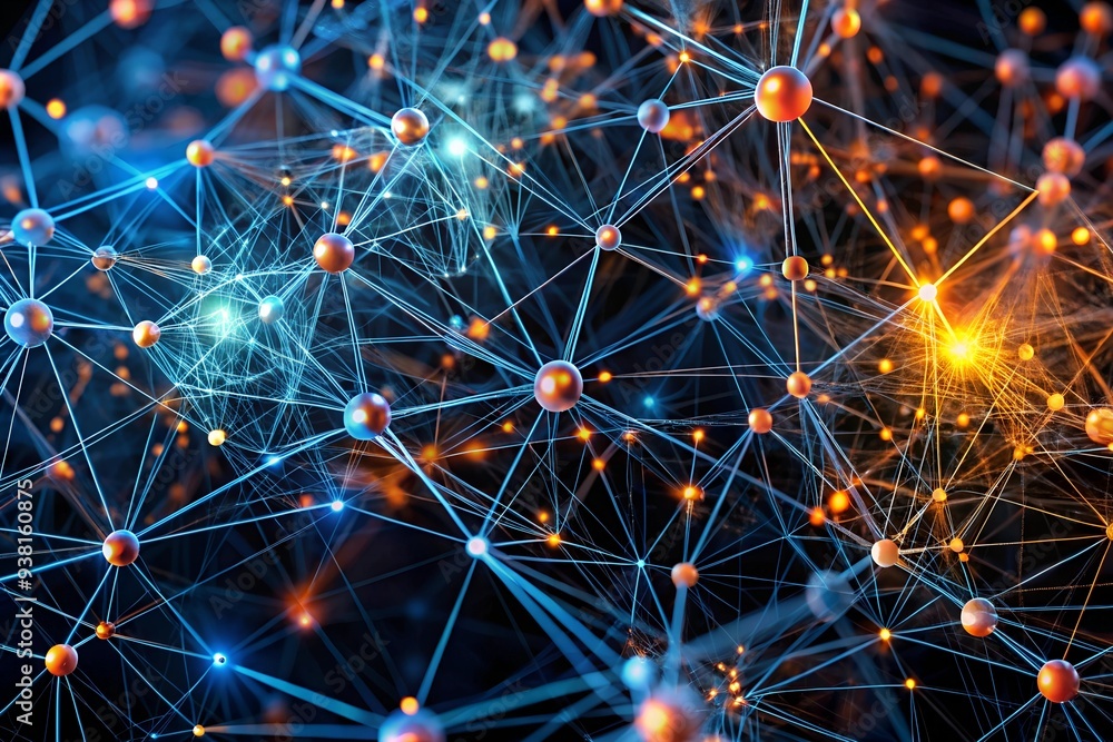 Poster cosmic network: a vibrant tapestry of interconnected nodes, pulsating with energy and data, symboliz