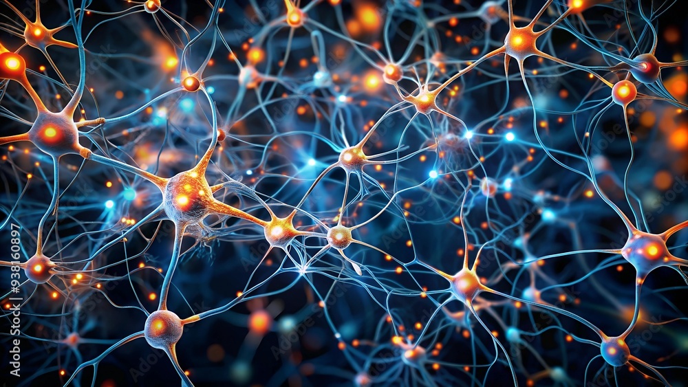Poster neural network interconnectivity: a mesmerizing abstract illustration of a neural network, featuring
