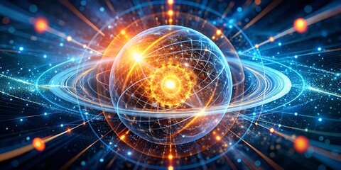 Obraz premium Quantum Energy: A mesmerizing abstract depiction of a glowing, swirling atom with a vibrant core, surrounded by swirling energy, representing the power and potential of quantum physics. 