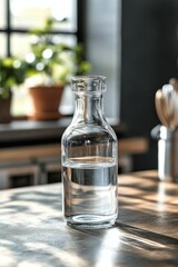 Water bottle and glass on a wooden table with plants in a bright kitchen setting