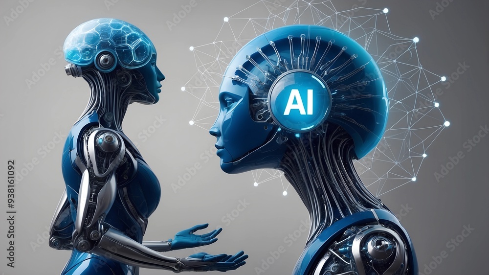 Poster the rise of ai: futuristic androids with glowing circuitry, symbolizing the power and potential of a