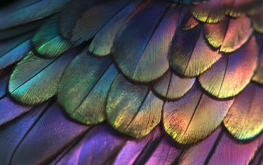 Close-Up of Hummingbird Feather with Iridescent Greens and Purples in Delicate Light