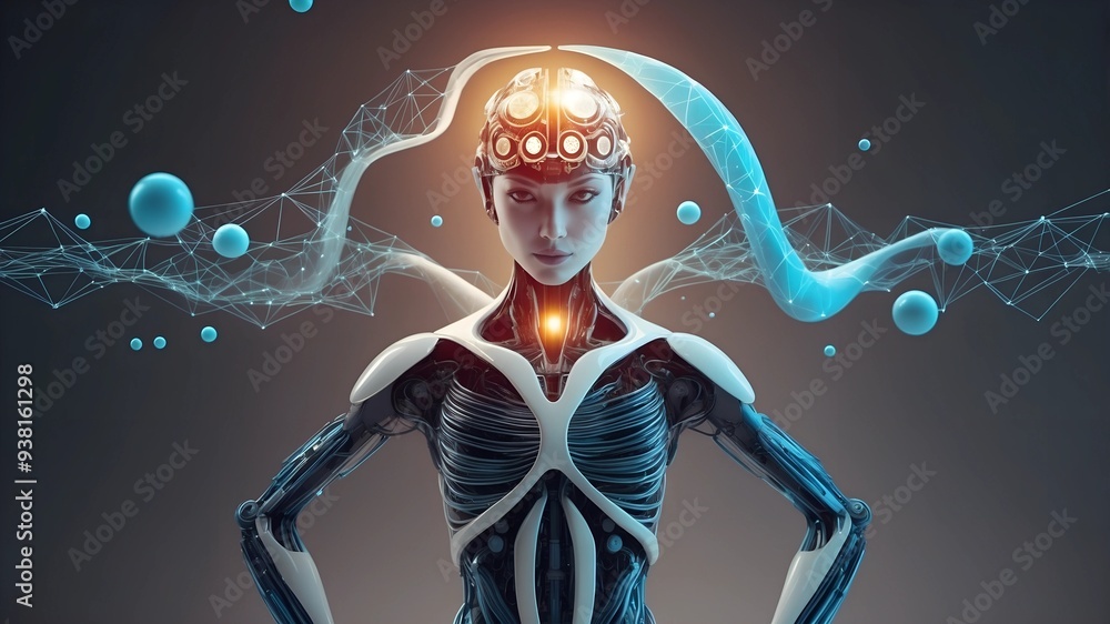 Poster awakened consciousness: a hyperrealistic depiction of an android experiencing a surge of consciousne