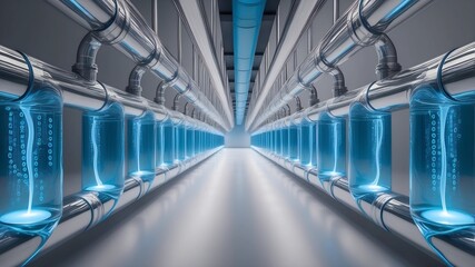 Obraz premium The Pulse of Technology: A futuristic corridor illuminated by glowing blue energy conduits, hinting at advanced power or data transmission in a sleek, industrial setting. 