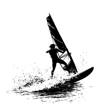Silhouette of a windsurfer riding a wave.